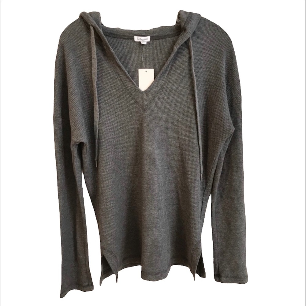 Splendid Thermal Waffle Knit V Neck Pullover Hoodie Heather Charcoal Gray XS NWT